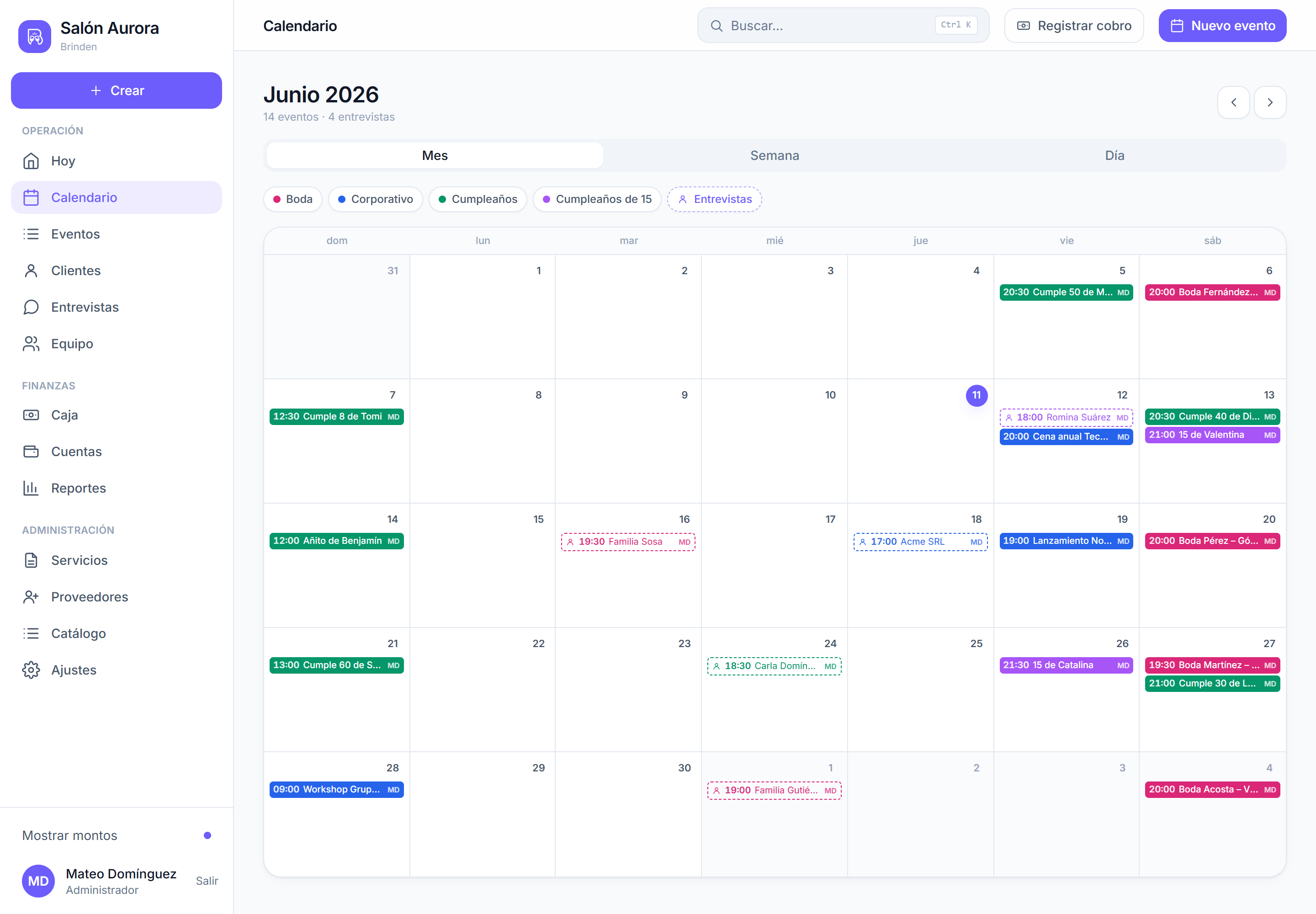 Calendario de Brinden en la computadora: eventos y entrevistas del mes con sus estados