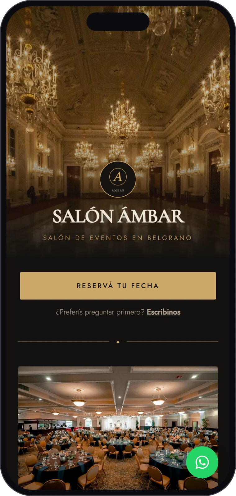 Página de Salón Ámbar hecha con Brinden, con el estilo Elegante, vista en el celular