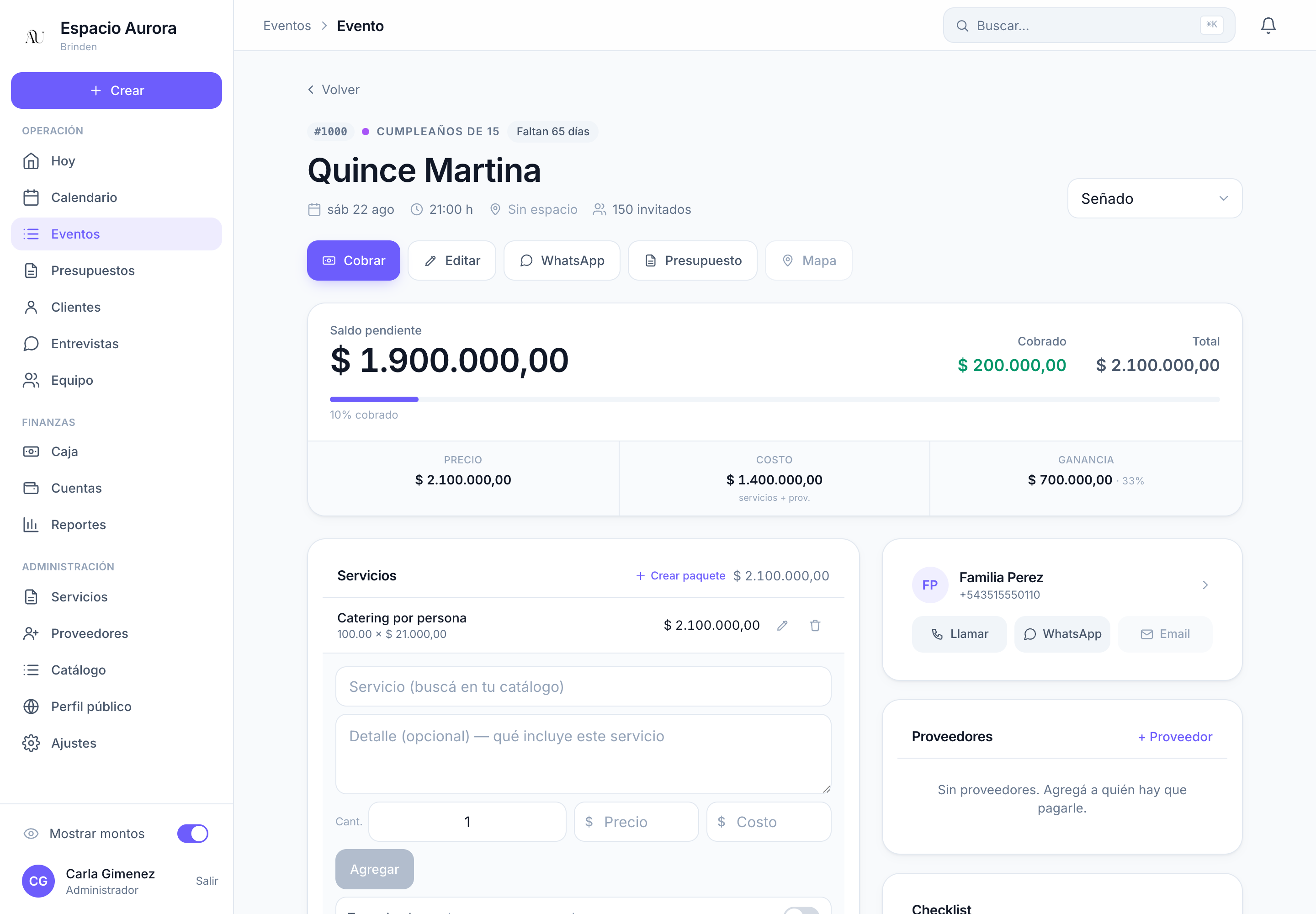 Ficha de un evento en Brinden: saldo, cobros, servicios, proveedores y rentabilidad