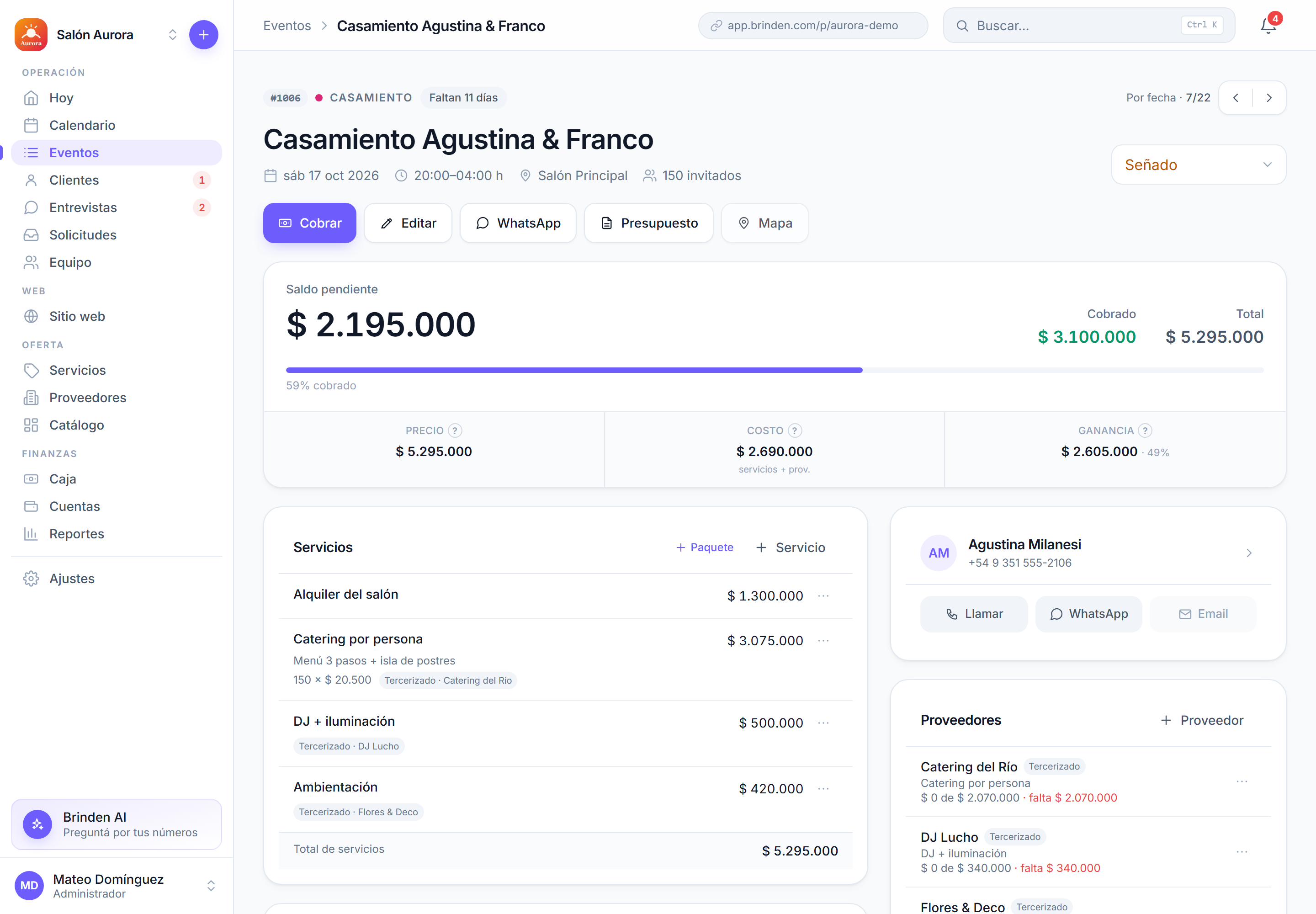 Ficha de un evento en Brinden: saldo pendiente, cobrado, ganancia, servicios y proveedores