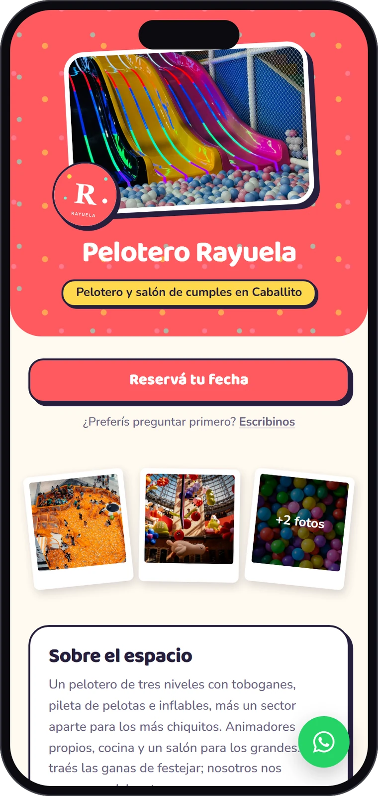 Página de Pelotero Rayuela hecha con Brinden, con el estilo Festivo, vista en el celular
