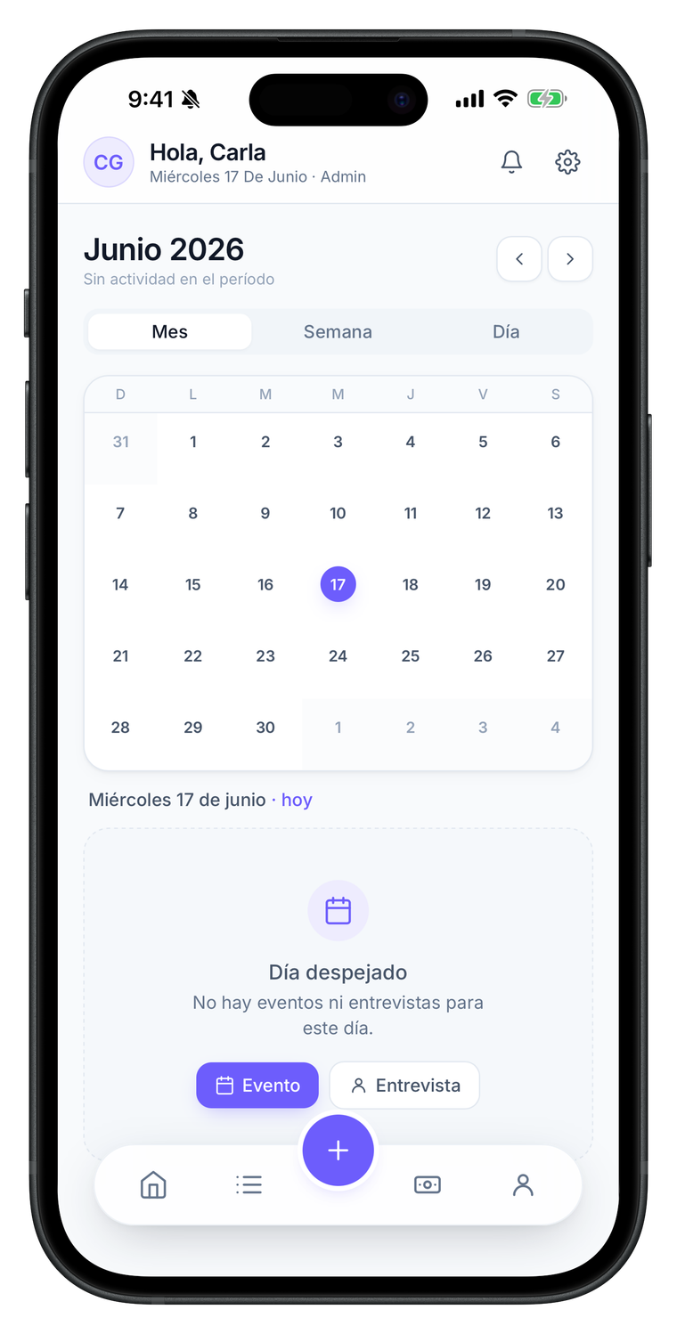 App de Brinden en el celular: el calendario del mes con la agenda del día