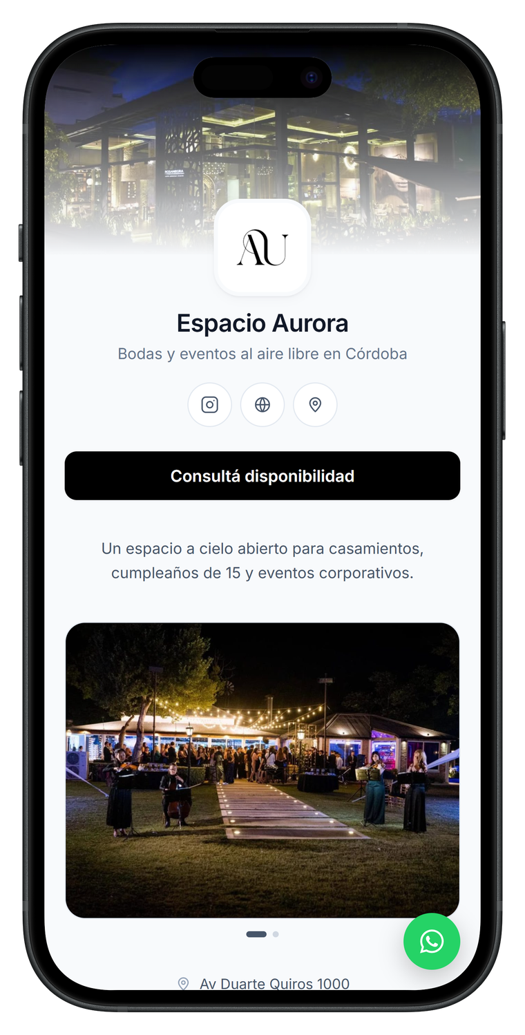 Perfil público de un salón en Brinden: portada, galería de fotos y botón de consulta, visto en el celular