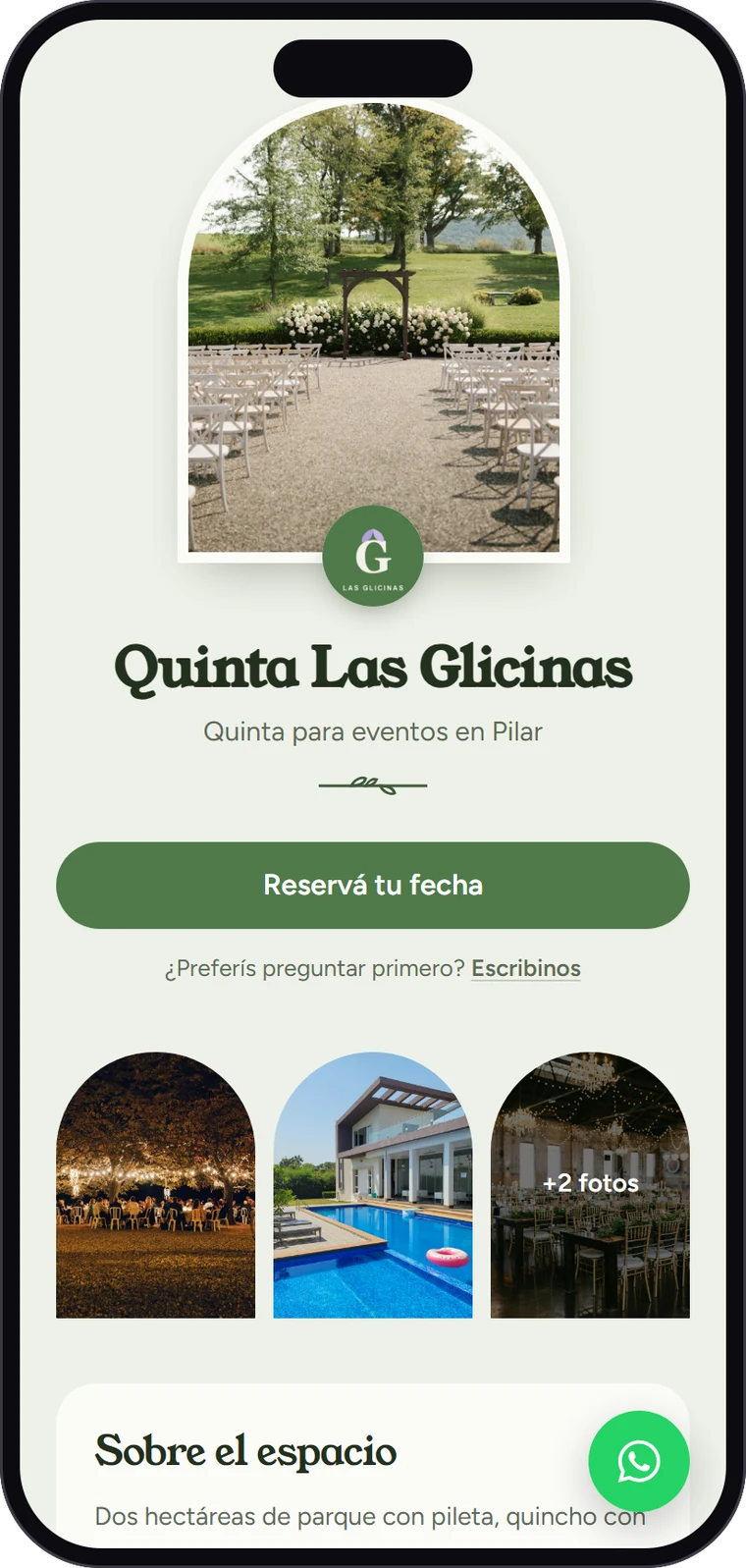 Página de Quinta Las Glicinas hecha con Brinden, con el estilo Jardín, vista en el celular