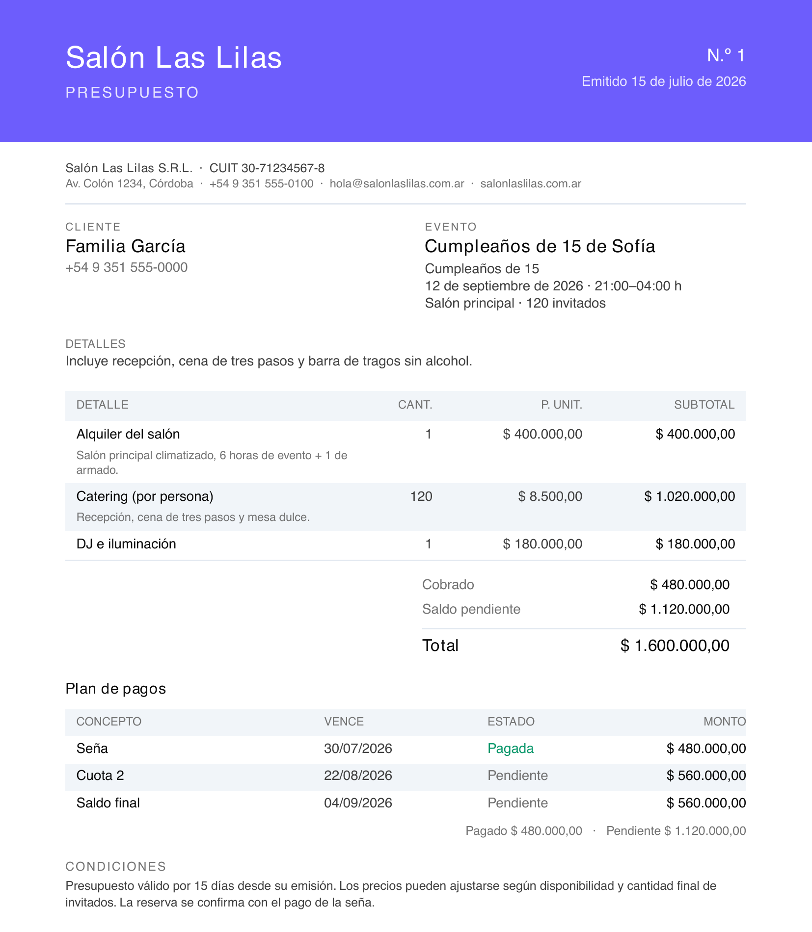 Presupuesto en PDF de Brinden con el logo del salón, el detalle de servicios y el plan de cuotas