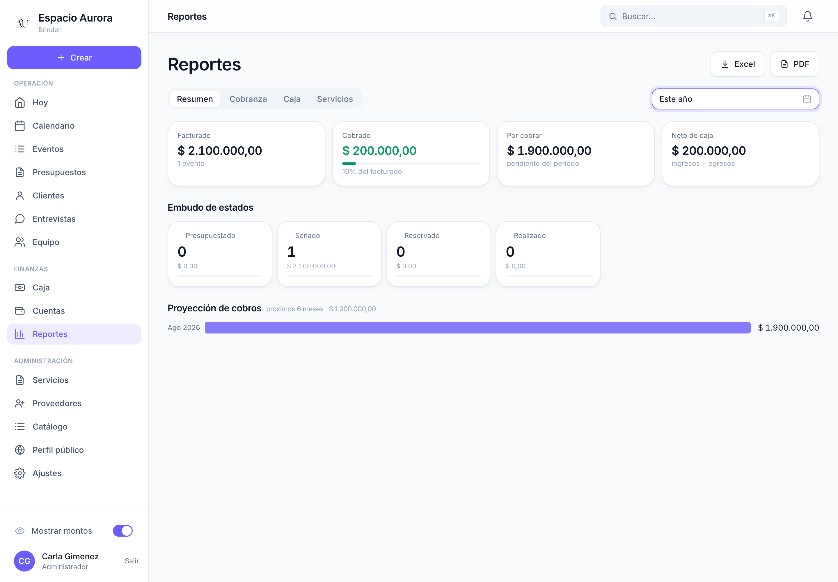 Reportes de Brinden: facturado, cobrado, pendientes y proyección de cobros