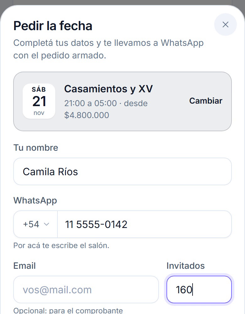 Formulario Pedir la fecha: nombre, WhatsApp e invitados, con el botón Confirmar por WhatsApp
