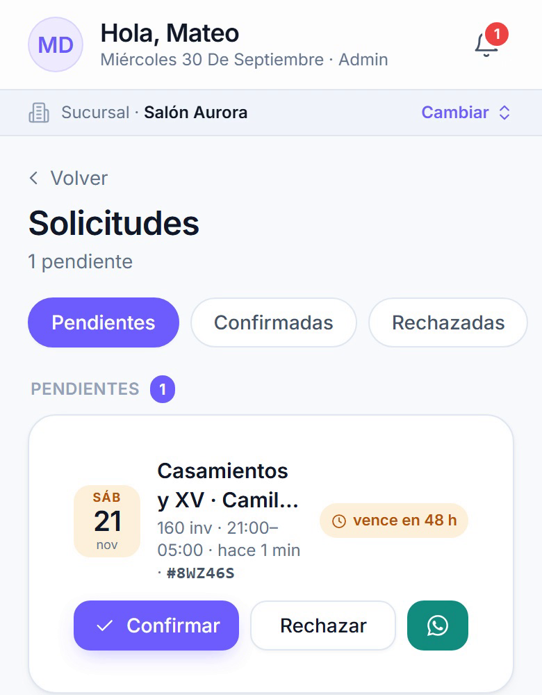 Solicitud pendiente en Brinden con los botones Confirmar y Rechazar